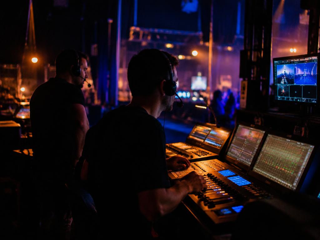 Equipe técnica operando mesa de luz nos bastidores de um evento