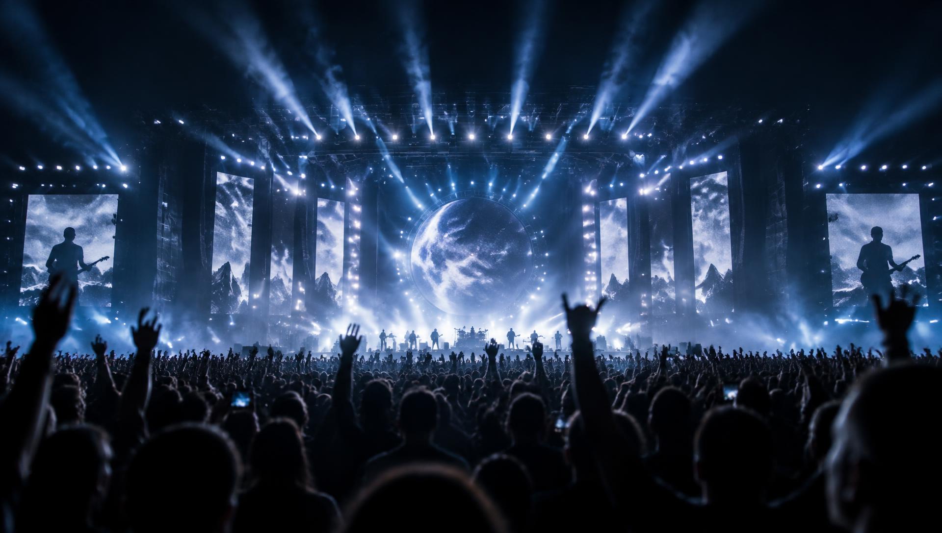 Palco de show iluminado com público de braços erguidos em evento produzido pela Timi Produções